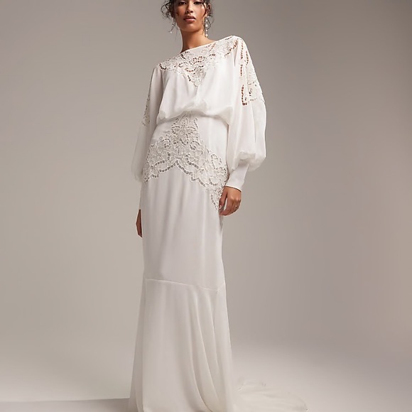 ASOS Curve Dresses & Skirts - ASOS DESIGN Curve Ella blouson sleeve beaded cutwork wedding dress in cream